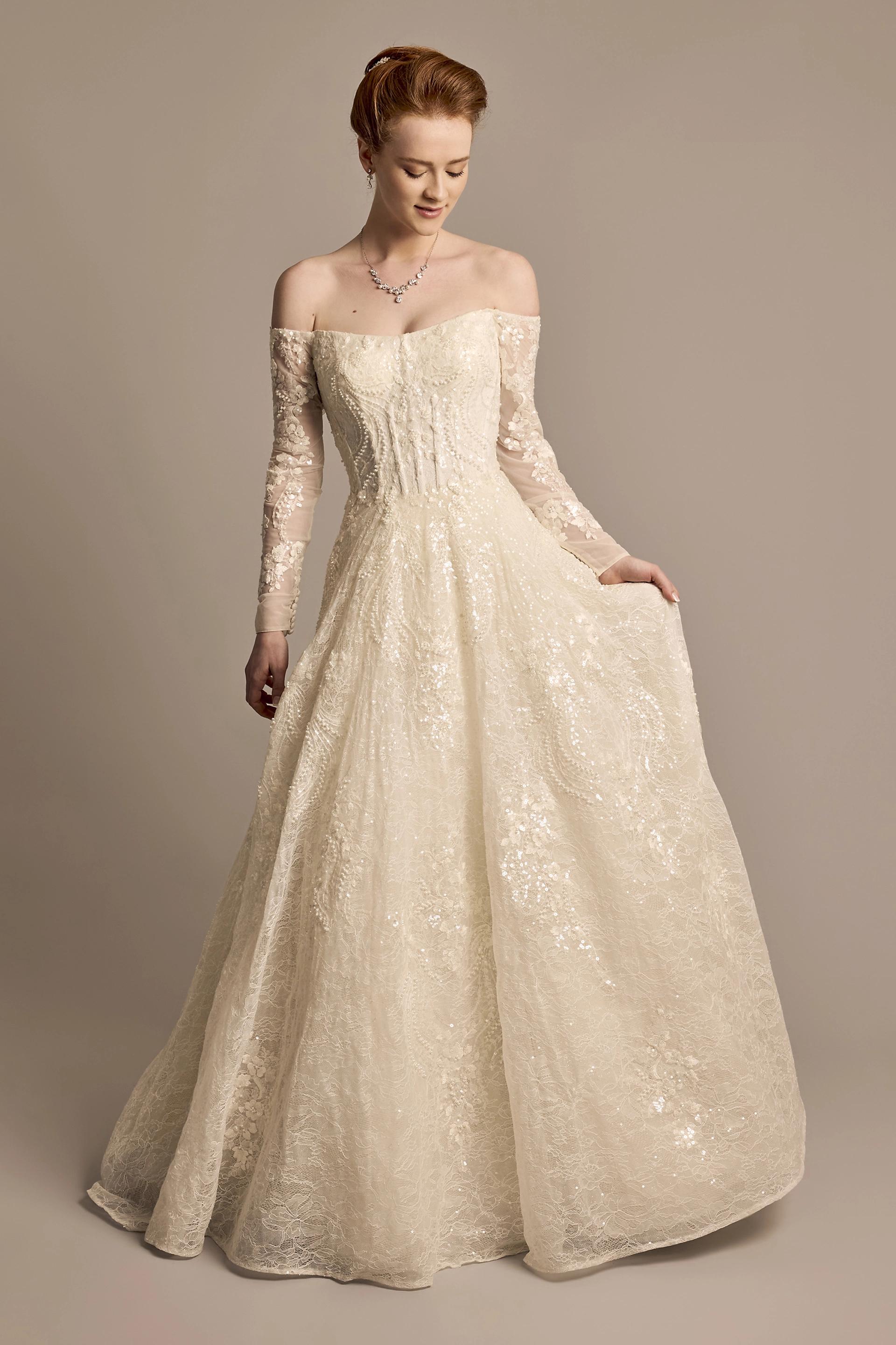 View Oleg Cassini Off-the-Shoulder Pearl Beaded Lace Wedding Dress in all available color and sizes Picture of Off-the-Shoulder Pearl Beaded Lace Wedding Dress
